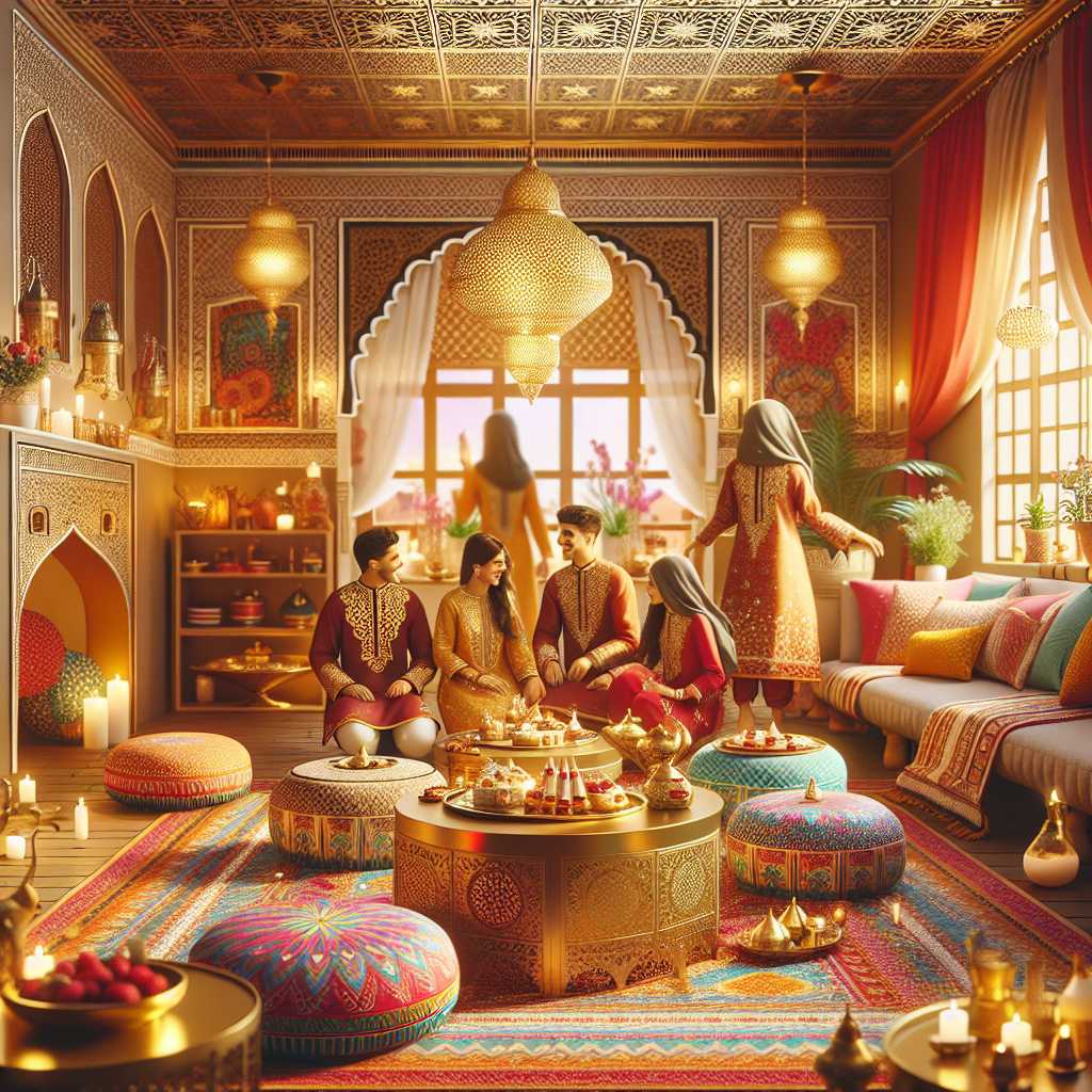 עיצוב חינה ביתי בסגנון מודרני עם תלבושות חינה מסורתיות, תפאורה צבעונית, כריות רקומות, מזנונים וכלי נחושת, מתאים להפקת חינה בבית