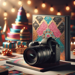 מצלמת DSLR מקצועית מונחת לצד אלבום תמונות מעוצב על שולחן, עם קישוטים צבעוניים ברקע ותאורה רכה, מסמלים אווירה חגיגית של אירוע משפחתי ובחירת צלם לברית