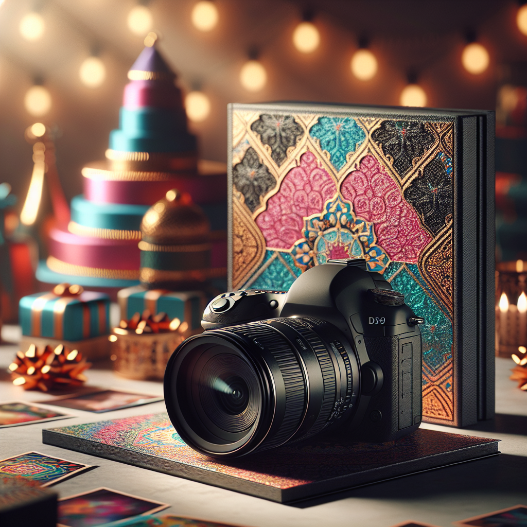 מצלמת DSLR מקצועית מונחת לצד אלבום תמונות מעוצב על שולחן, עם קישוטים צבעוניים ברקע ותאורה רכה, מסמלים אווירה חגיגית של אירוע משפחתי ובחירת צלם לברית
