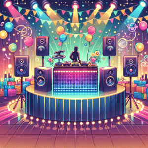 עמדת תקליטן מעוצבת ומוארת באירוע חינה, עם רחבת ריקודים, תאורה צבעונית וציוד סאונד מקצועי – מושלם לבחירת תקליטן לחינה שישדרג את החגיגה