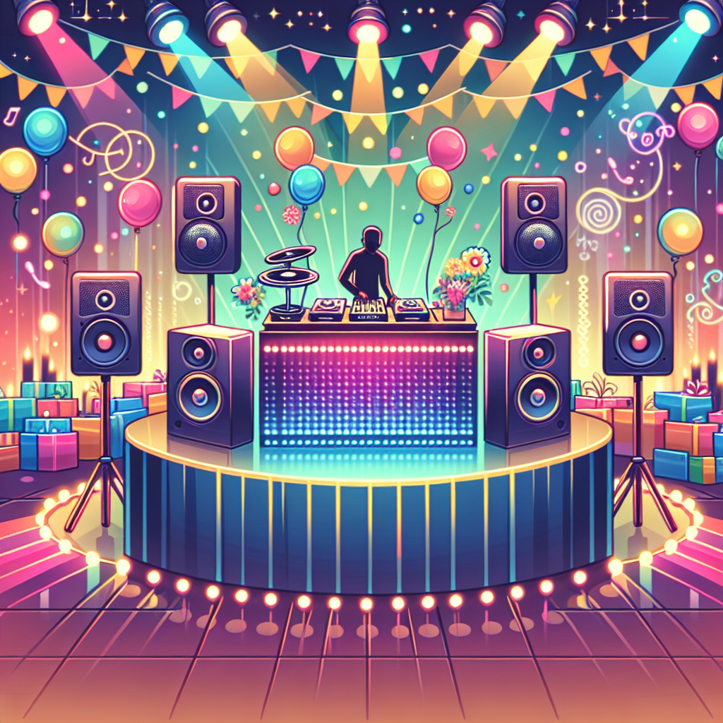 עמדת תקליטן מעוצבת ומוארת באירוע חינה, עם רחבת ריקודים, תאורה צבעונית וציוד סאונד מקצועי – מושלם לבחירת תקליטן לחינה שישדרג את החגיגה