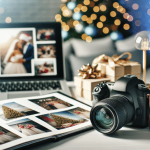 מצלמת DSLR מקצועית על שולחן עם אלבום תמונות פתוח, מייצגת את בחירת צלם החינה המקצועי לתיעוד רגעים מרגשים באירוע