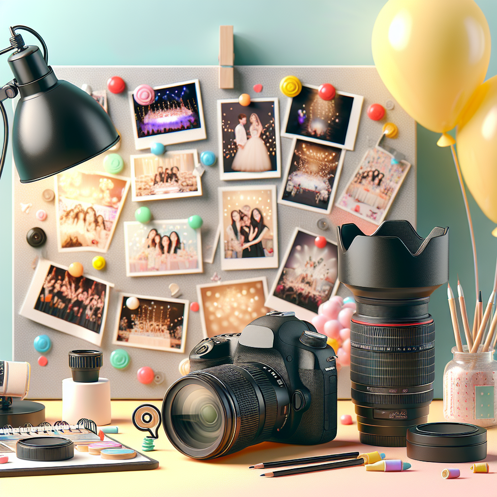 ציוד צילום מקצועי ושולחן עם לוח מגנטים מודפסים, בלונים ודקורציה לאירוע ברית, מסמלים שירותי צילום ומגנטים לברית