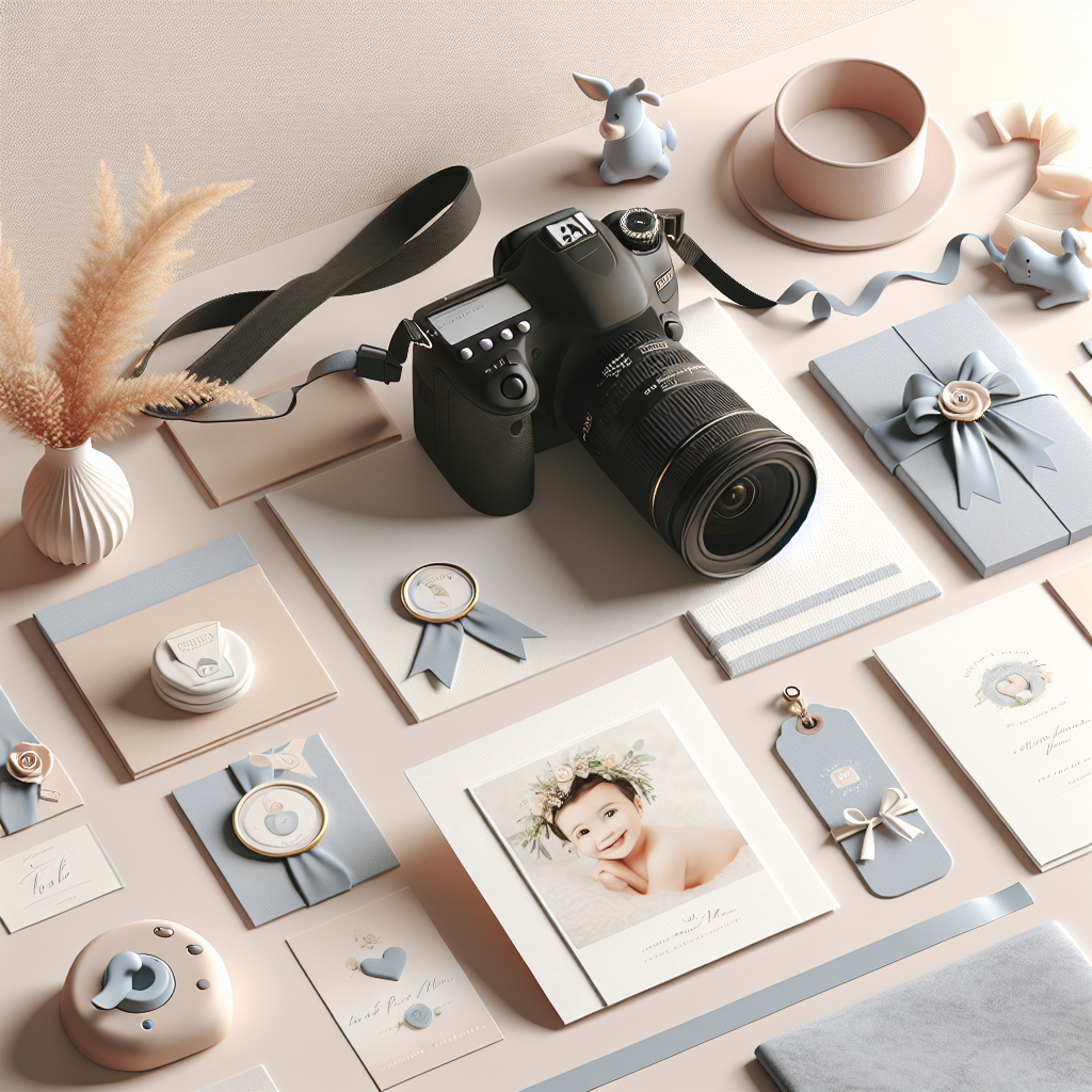 ציוד צילום מקצועי, מגנטים מעוצבים לברית והזמנות חגיגיות על רקע אלגנטי – המחשה של תיעוד אירוע ברית בעזרת צלם לברית ומגנטים לברית בעיצוב אישי