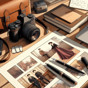 מצלמה דיגיטלית מקצועית, אלבומי תמונות ותמונות מודפסות באיכות גבוהה על שולחן עץ, ממחישים את חשיבות בחירת צלם לעליה לתורה מקצועי ומרגש