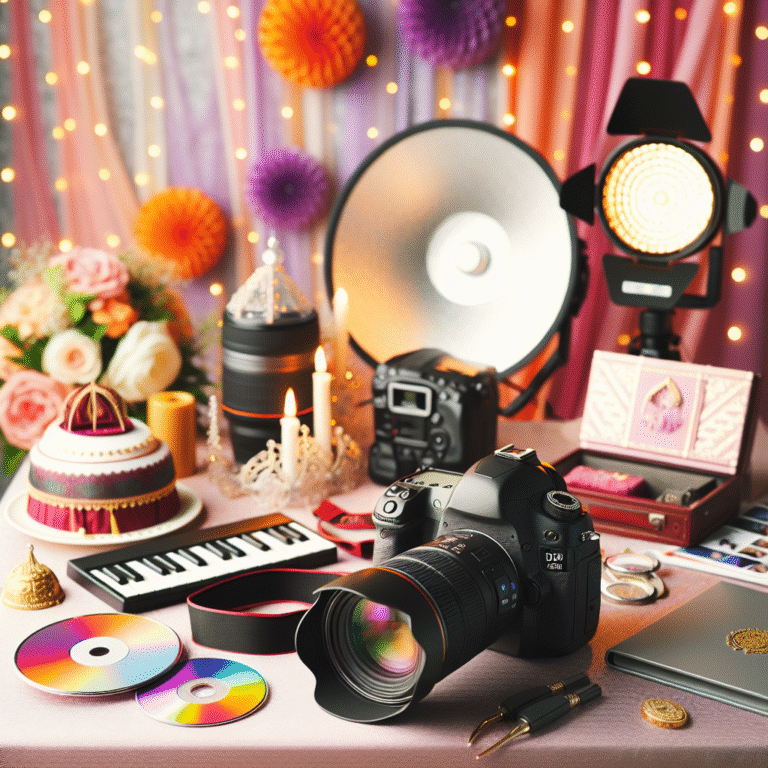 מצלמת DSLR מקצועית עם ציוד צילום ואביזרי אירועים המשקפים צילום חינה ותקליטנות, המשדרים אווירת חגיגה ומקצועיות
