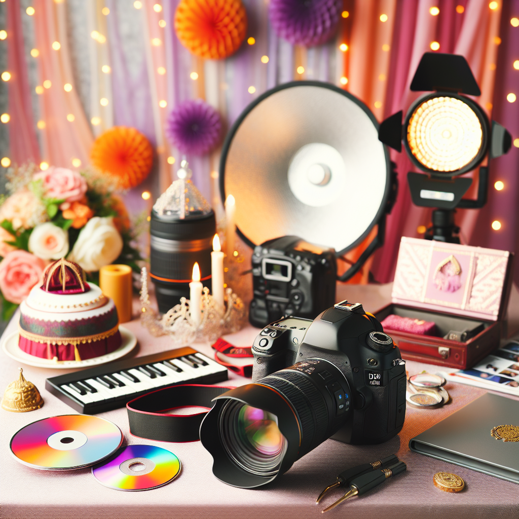 מצלמת DSLR מקצועית עם ציוד צילום ואביזרי אירועים המשקפים צילום חינה ותקליטנות, המשדרים אווירת חגיגה ומקצועיות