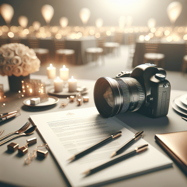 ציוד צילום מקצועי ודפים עם טיפים לבחירת צלם חינה ואירוע, על רקע אווירה חגיגית הממחישה חינה בלתי נשכחת.