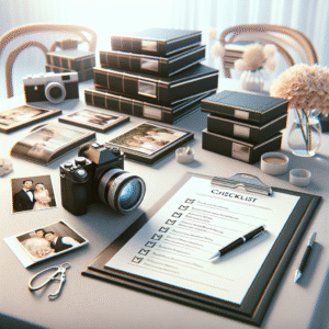 מצלמה מקצועית, אלבומי תמונות ורשימת בדיקה מסומנת, מונחים על שולחן כהכנה לבחירת צלם לעליה לתורה