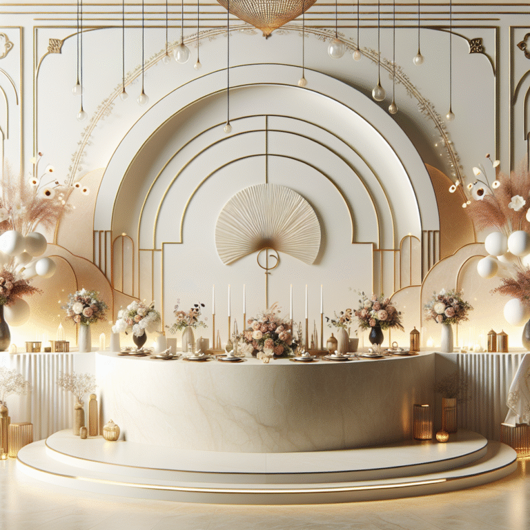 שולחן מקווה חינה מעוצב עם פרחים, נרות וכלים יוקרתיים, לצד קיר מקווה דקורטיבי בגווני זהב ולבן, המשדרים עיצוב מרשים לאירוע מקווה חינה.