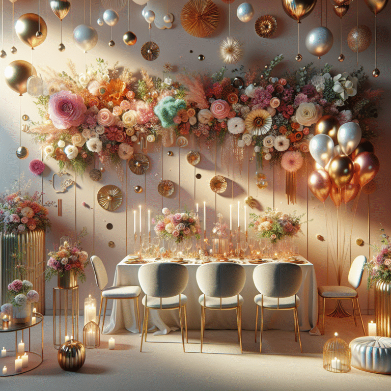קיר מעוצב וצבעוני לאירוע ערב מקווה, עם פרחים, בלונים ועיטורי זהב, ולפניו שולחן מקושט בפריטים דקורטיביים, מתאים לעיצוב ערב מקווה חינה מודרני ואלגנטי