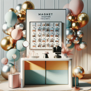 עמדת בלונים מעוצבת וברקע מגנטים לאירוע ברית עם מצלמת DSLR על שולחן, אלמנטים חגיגיים ומודרניים לאירוע מושלם.