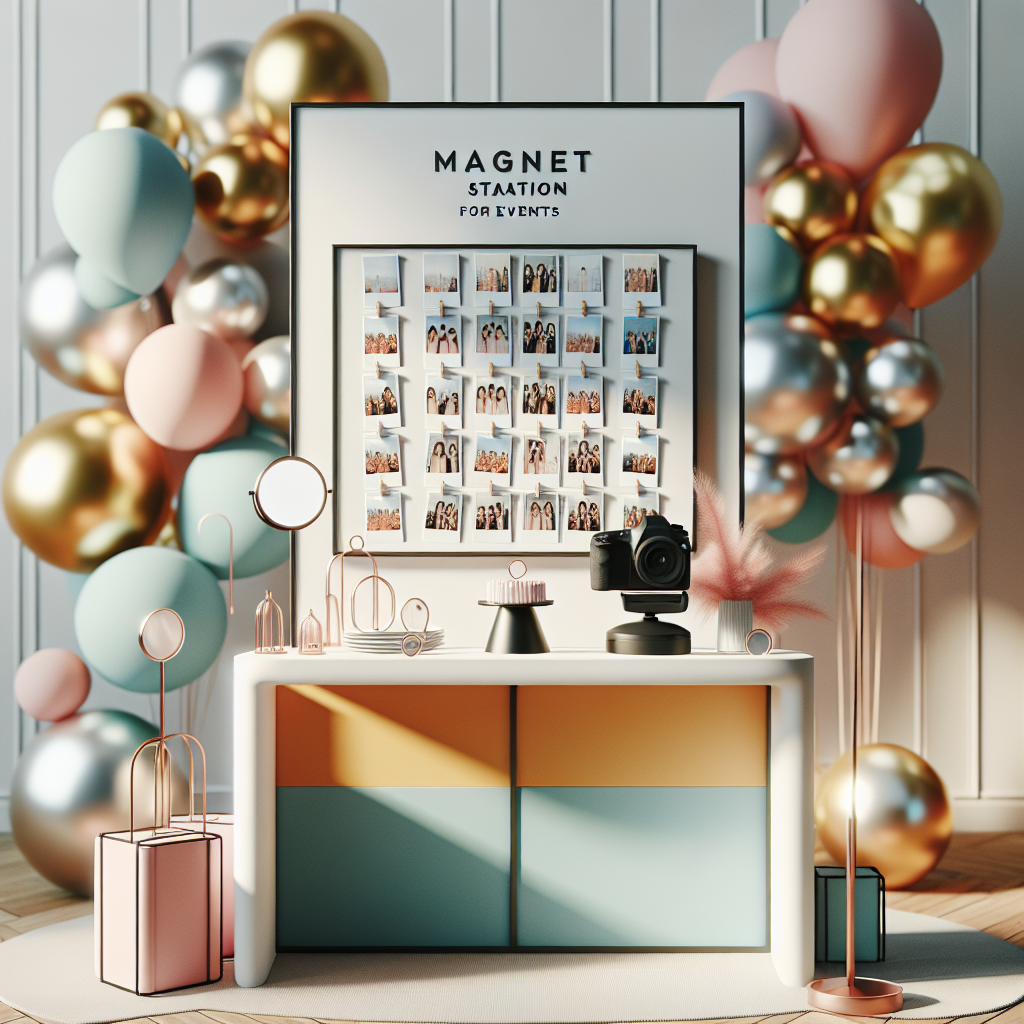 עמדת בלונים מעוצבת וברקע מגנטים לאירוע ברית עם מצלמת DSLR על שולחן, אלמנטים חגיגיים ומודרניים לאירוע מושלם.