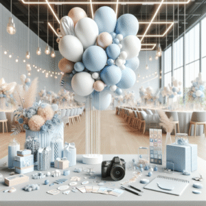 עמדת בלונים צבעונית ומעוצבת לאירוע ברית, הכוללת בלונים בשלל צבעים, מגנטים לאורחים ומצלמה על שולחן, ברקע חלל אירועים מודרני. עיצוב הממחיש רעיונות לשדרוג ברית ולהפוך אותה לאירוע בלתי נשכח.