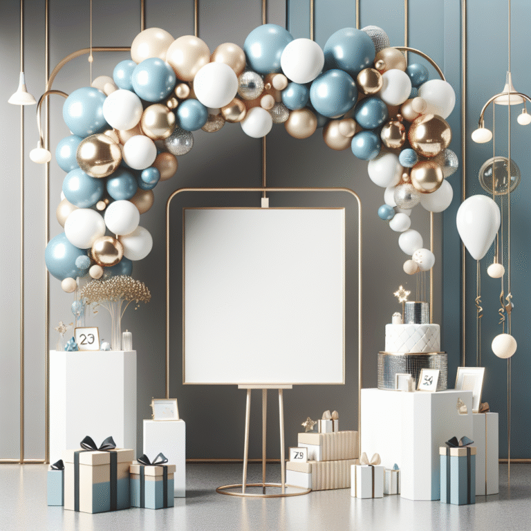 עמדת בלונים מעוצבת בצבעי תכלת, לבן וזהב לברית, קשת בלונים מעל שולחן עם קופסאות מתנה ומסגרת מגנטים ריקה, באווירה מודרנית וחגיגית ללא אנשים