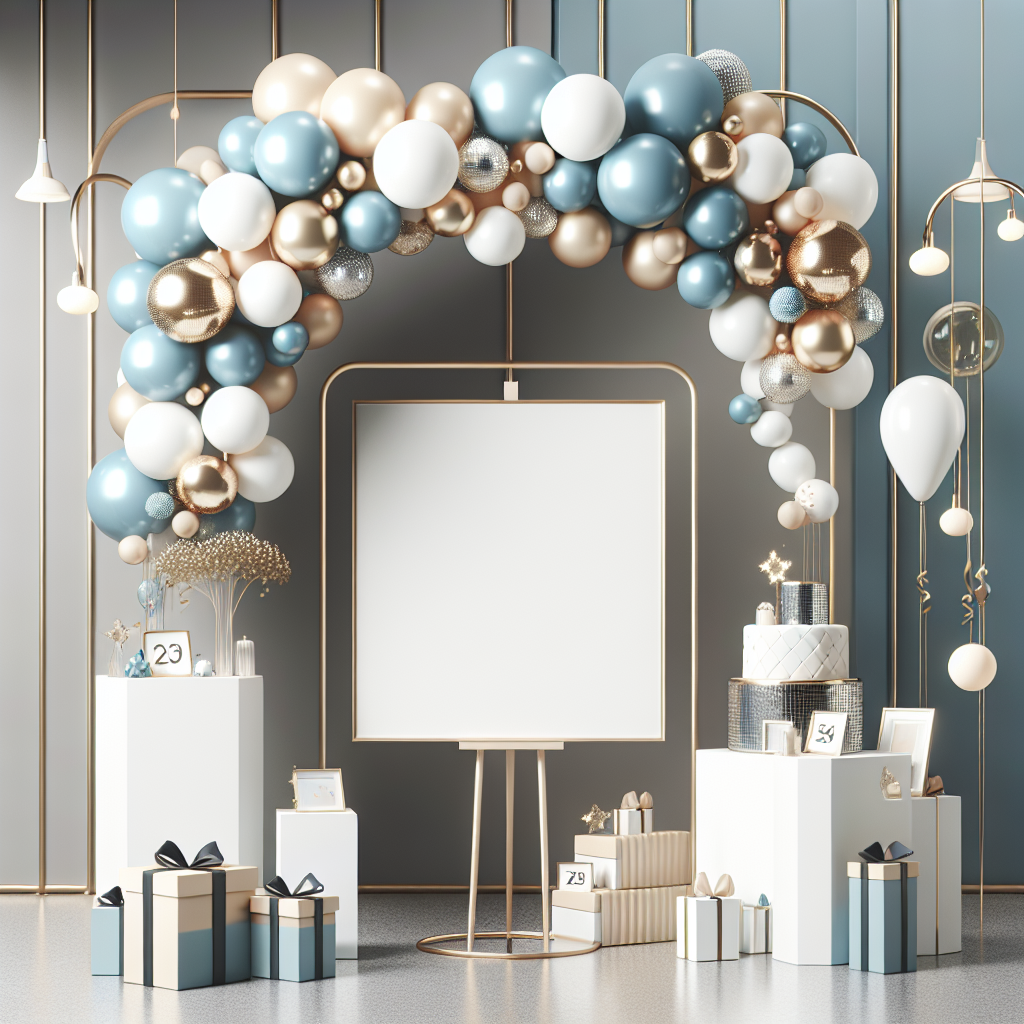 עמדת בלונים מעוצבת בצבעי תכלת, לבן וזהב לברית, קשת בלונים מעל שולחן עם קופסאות מתנה ומסגרת מגנטים ריקה, באווירה מודרנית וחגיגית ללא אנשים