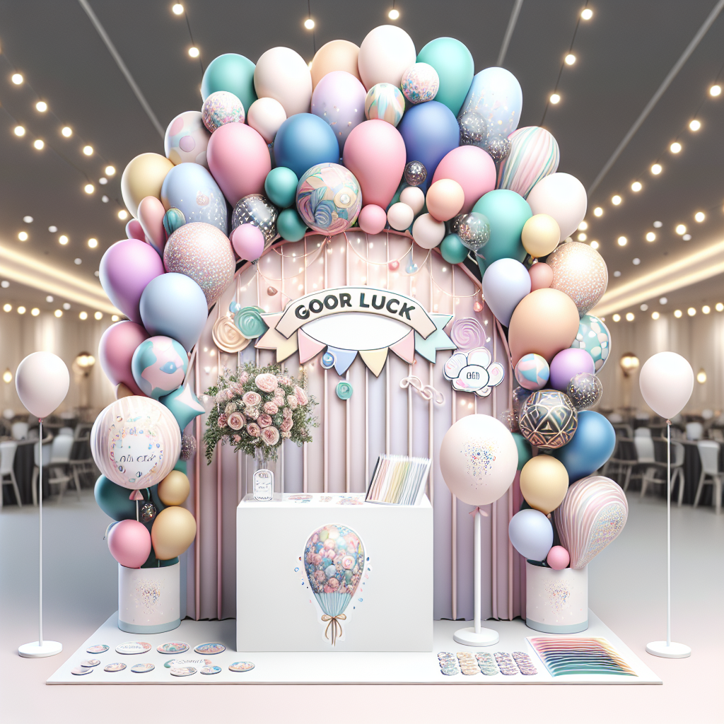 עמדת בלונים צבעונית ומעוצבת לאירוע ברית עם בלונים מרהיבים, מגנטים ממותגים ברקע ועיצוב חגיגי – מושלם להפקת ברית ייחודית