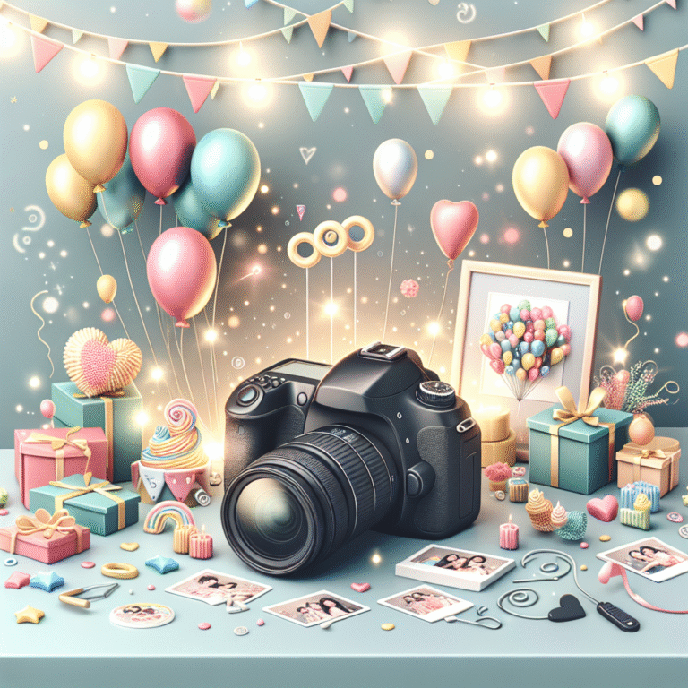 מצלמת DSLR מקצועית, מגנטים עם תמונות, בלונים וקישוטי שולחן לאירוע ברית, המסמלים צילום לברית ויצירת מזכרות בלתי נשכחות מהאירוע