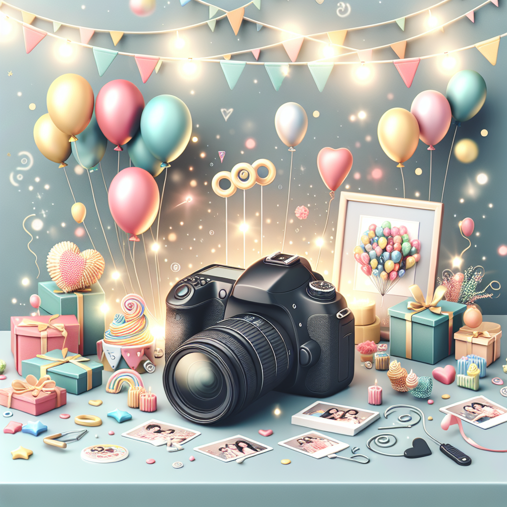 מצלמת DSLR מקצועית, מגנטים עם תמונות, בלונים וקישוטי שולחן לאירוע ברית, המסמלים צילום לברית ויצירת מזכרות בלתי נשכחות מהאירוע