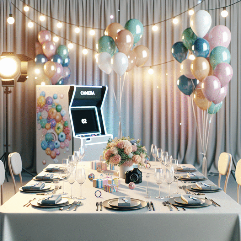 עיצוב שולחן לברית עם בלונים צבעוניים, מגנטים מעוצבים, מצלמת צילום מקצועית ועמדת הפעלה בסגנון מודרני לאירוע חגיגי ומעוצב