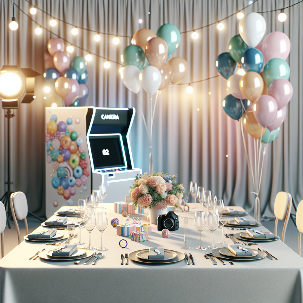 עיצוב שולחן לברית עם בלונים צבעוניים, מגנטים מעוצבים, מצלמת צילום מקצועית ועמדת הפעלה בסגנון מודרני לאירוע חגיגי ומעוצב