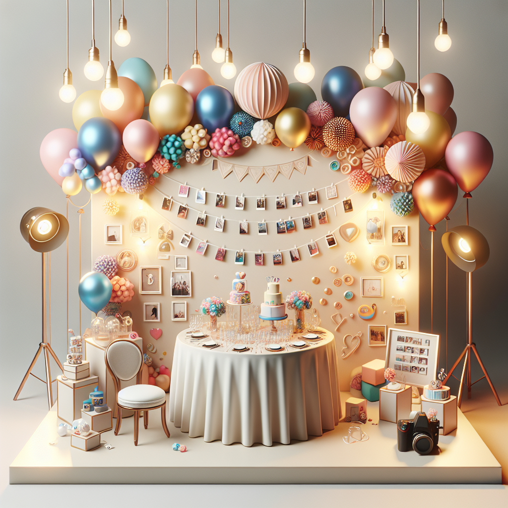שולחן אירוע מהודר מעוצב עם בלונים צבעוניים, מגנטים עם תמונות ואביזרי צילום מקצועיים, הממחישים הפעלות ואטרקציות לברית.