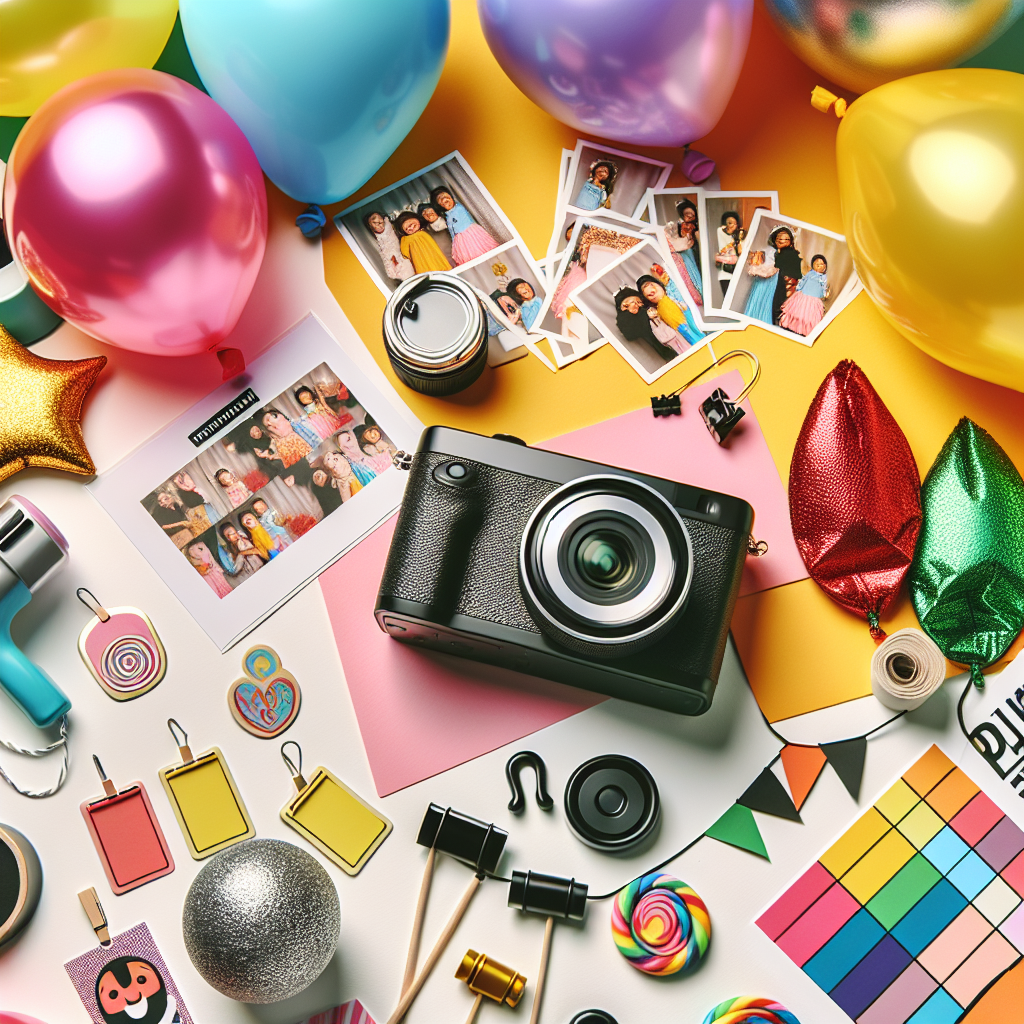 מצלמת צילום מקצועית, מגנטים לברית, בלונים צבעוניים אביזרי הפעלה על רקע חגיגי, משדרים אווירה של אירוע ברית מושלם, צבעוני ומקצועי ללא אנשים