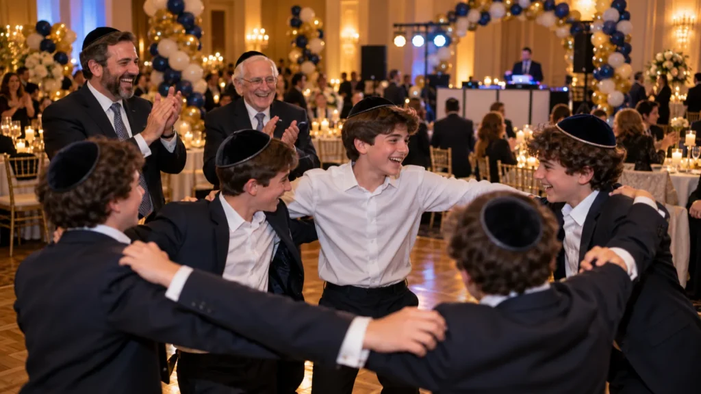 רעיונות למסיבת בר מצווה: נער עם כיפה רוקד במעגל עם חבריו באולם מקושט בבלונים